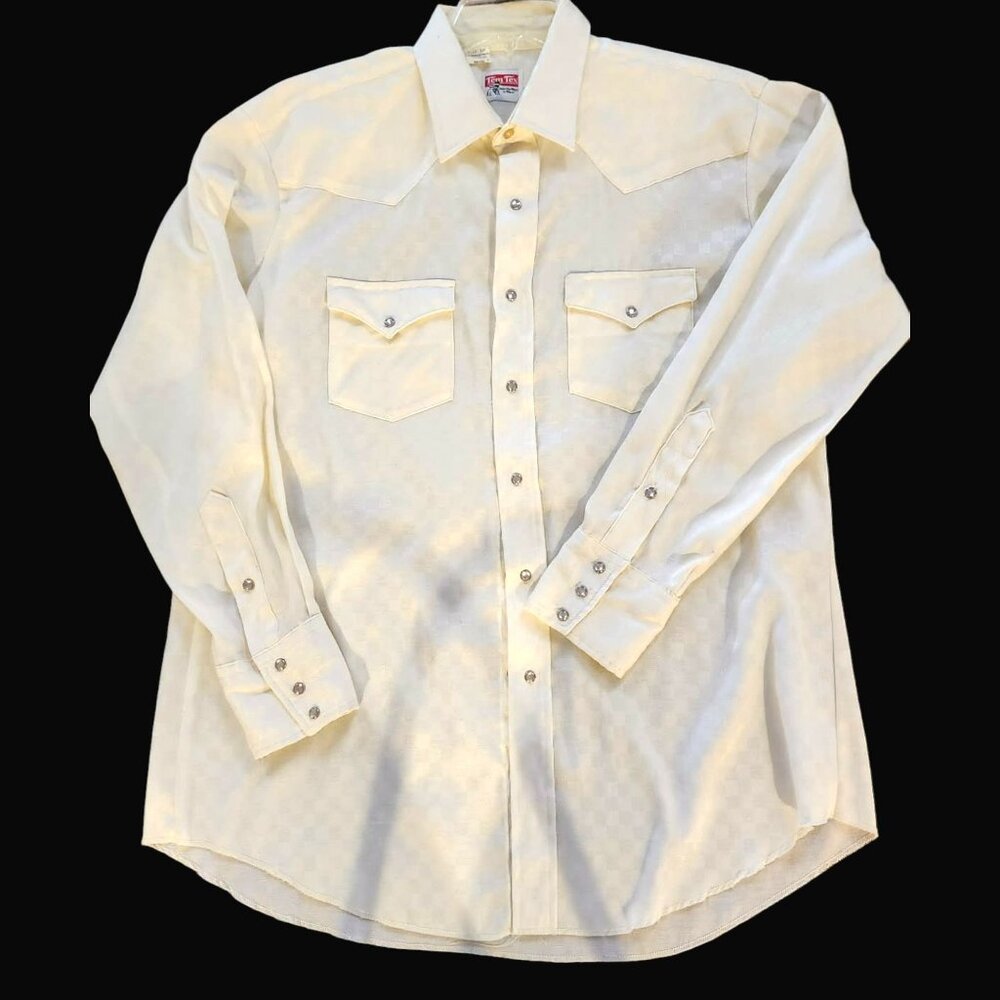 Vintage Tem Tex Pearl Snap Western Shirt Size 17/34 Long Tail White Checkered